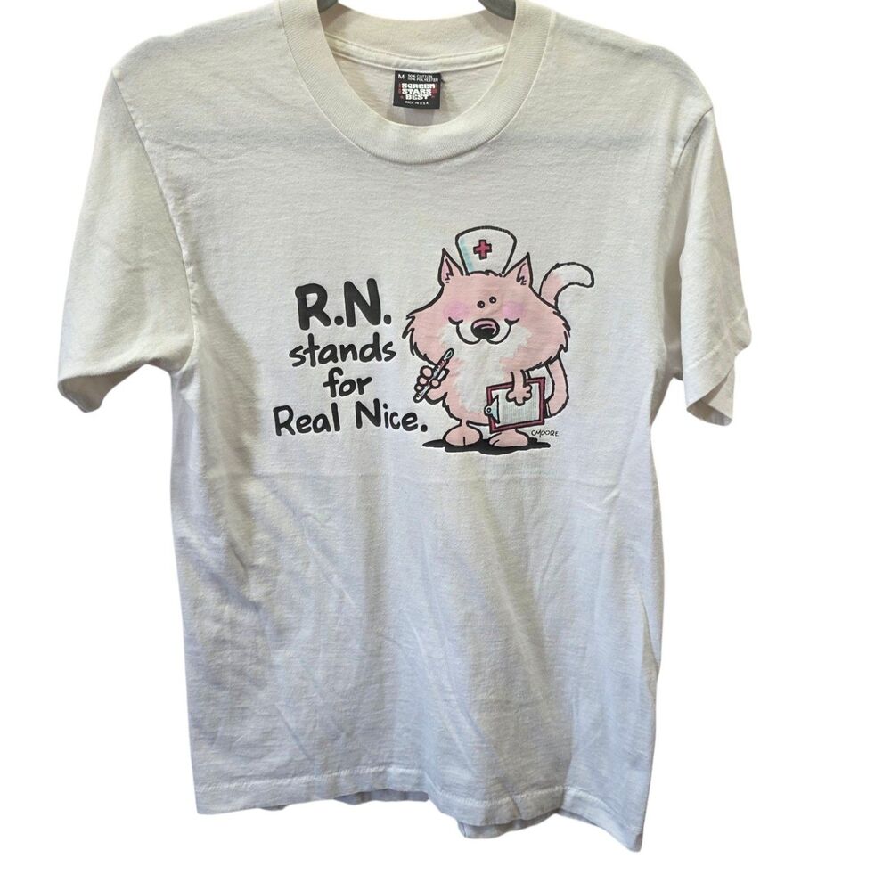 Vintage‎ RN Nurse Cat Single Stitch Screen Stars USA Graphic Tee Medium